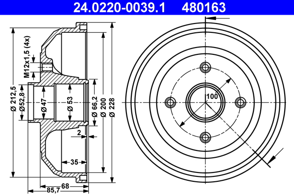 ATE 24.0220-0039.1 Bremstrommel