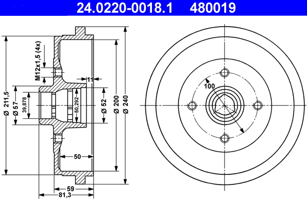 ATE 24.0220-0018.1 Bremstrommel